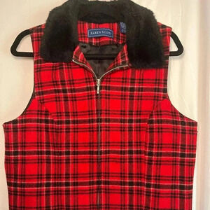 Karen Scott Womens Vest Multicolor Plaid Zip Faux Fur Collar Lined L Wool Blend